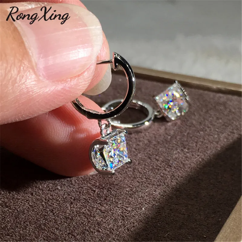 RongXing, квадратные белые серьги-кольца с цирконом для женщин, 925 серебро/розовое золото, заполненные кристаллами, серьги с камнем, женские свадебные ювелирные изделия