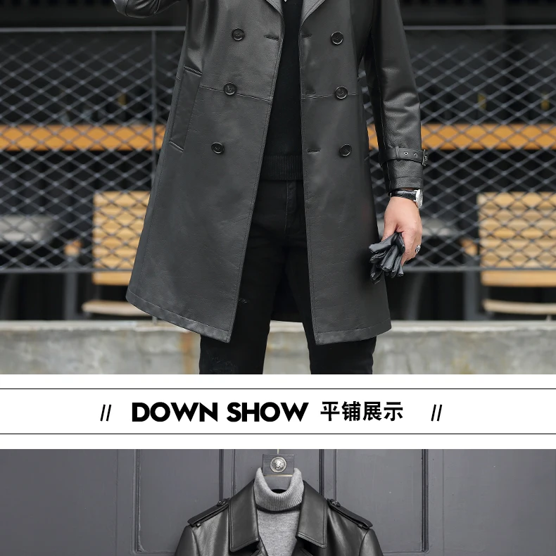 Top VHO fashion casual natural real cow leather coats for men x-long double breasted leather dust coat genuine leather jacket 12