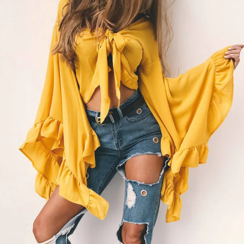 

women novelty tops long petal sleeve V neck pink yellow gray black summer autumn polyester blouse shirt female clothing