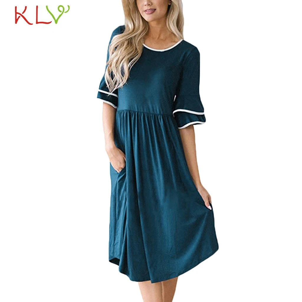 

Dress Women Casual Short Flare Sleeve Pockets Elegant Summer Dress Party Night Dress 2019 Plus Size Vestidos Robe Femme 19May15