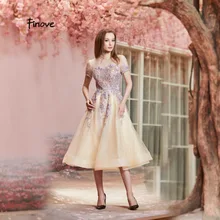Finove, новинка, платье для выпускного вечера, с короткими рукавами, с аппликацией, сексуальное, с открытой спиной, длиной до колен, с высоким воротом, женская одежда, вечерние, рождественские платья