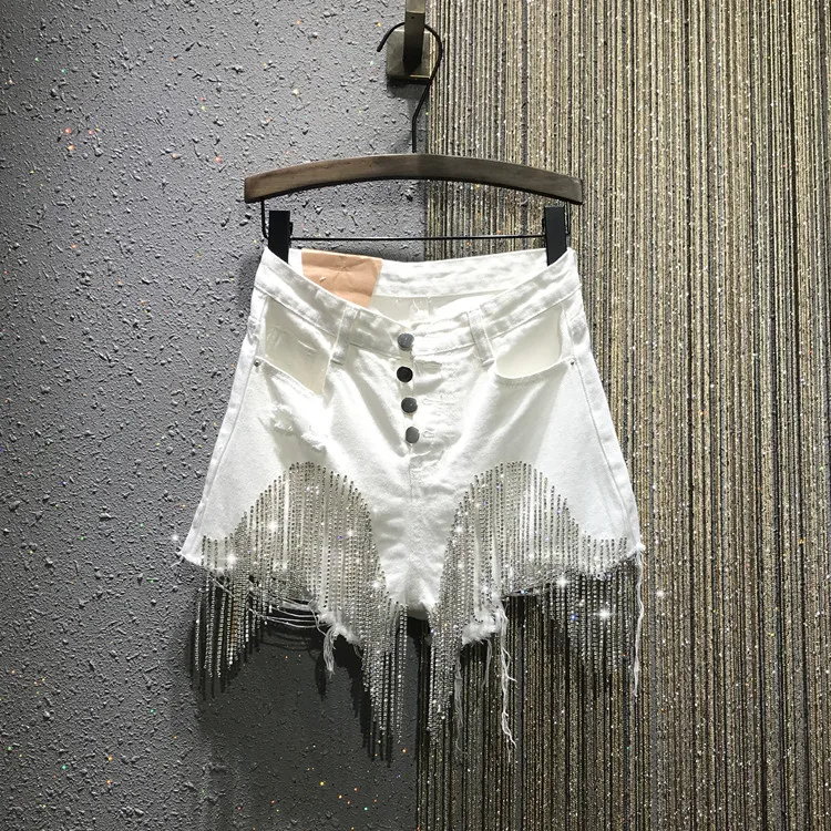 

Europe Summer New High Waist Row Buckle Rhinestone Tassel Chain Slim White Denim Shorts Women Hot Pants Denim Pants Nancylim
