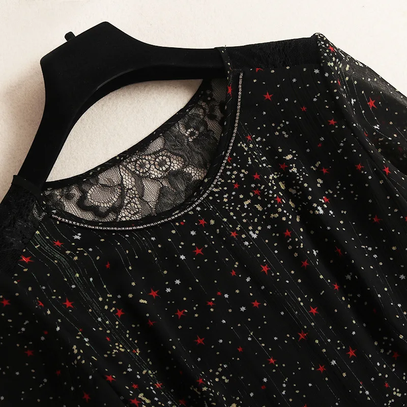 Shuchan Dress Female Summer A-line Print Stars Chiffon Patchwork Lace Sexy Mid-Calf Vestidos Mais Vendido High Quality 11600