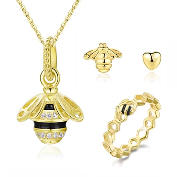 

Original 100% 925 Sterling Silver Jewelry Sets Queen Bee Pendant Necklace Heart Honeybee Stud Earrings Ring Gold For Women