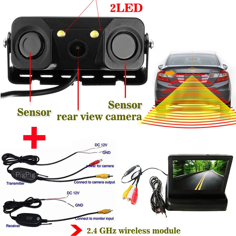 

universal Wireless 3in1 Parking Assistance Sensor Backup Radar With Rear View Camera + LCD Car Foldable /Rearview Mirror Monitor