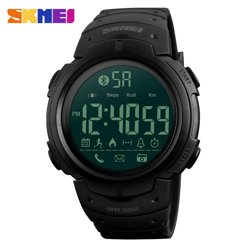SKMEI мужские умные спортивные часы, шагомер, калории, цифровые часы с напоминанием, фитнес-часы с Bluetooth для IOS, Android, наручные часы 1301 - Color: Black
