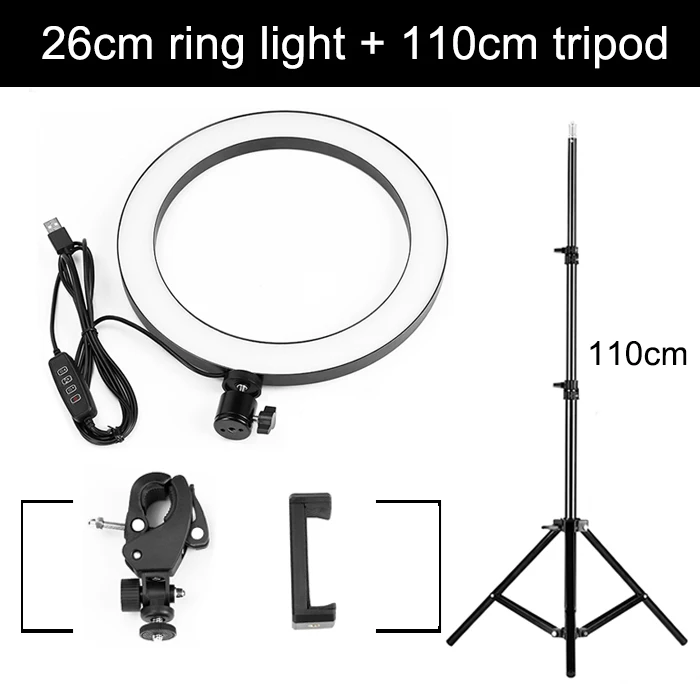 10 дюймов кольцевой светильник со штативом, зажим для телефона, светодиодный, селфи кольцо с фотографией, лампа, светильник для фотографии, для макияжа, фото, Youtube live - Цвет: Черный