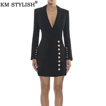 

2019 Spring and Autumn New Europe and America Celebrity Temperament Fashion Gold Button Slim Black and White Suit Dress