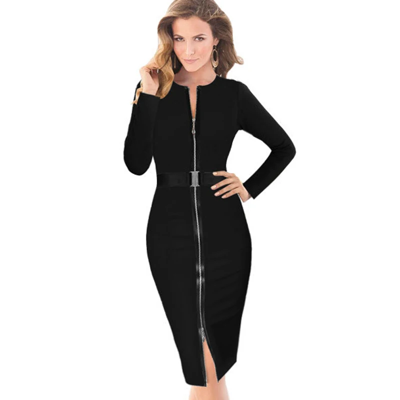 

Women Casual Front Zipper Slit Tunic Wear Slim Dress Formal Work Business Office Pencil Bodycon Sheath Dresses B230