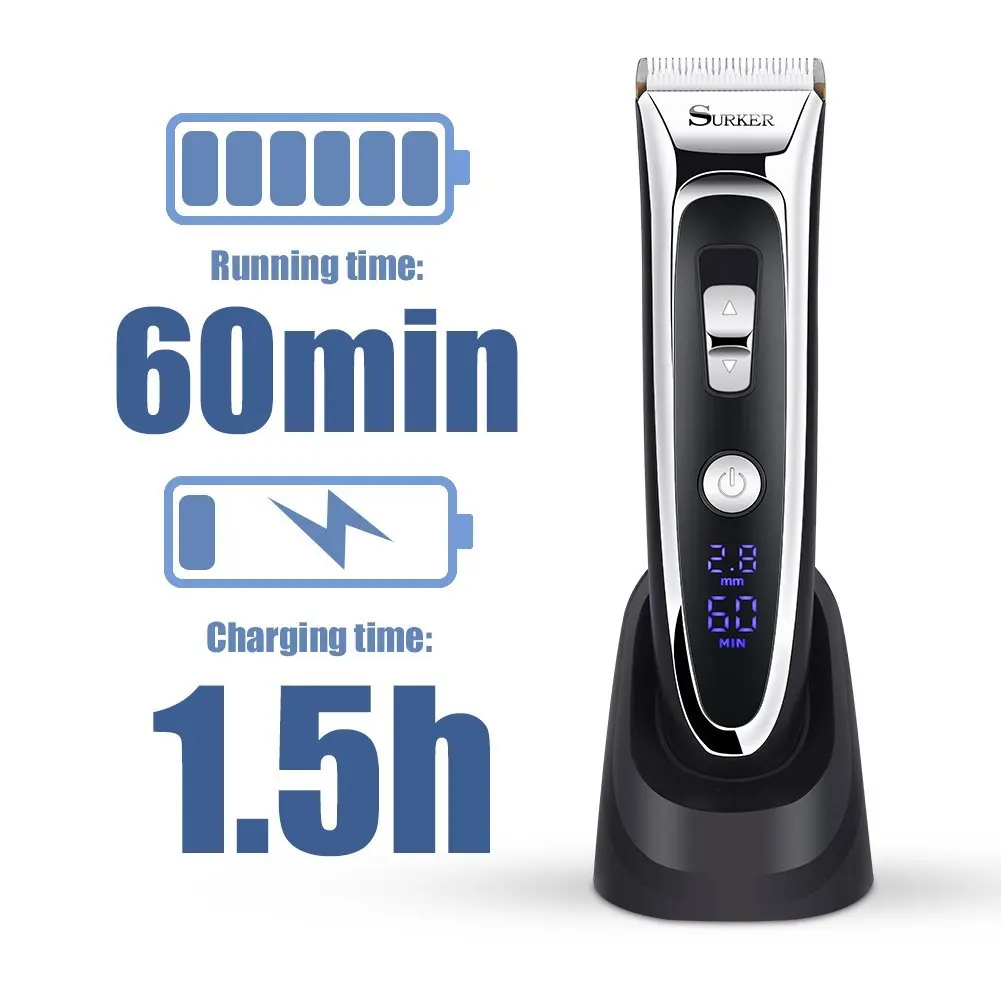 SURKER Rechargeable Hair Clipper Trimmer Beard Shaver Cordless Washable LED Display Ceramic Blade 