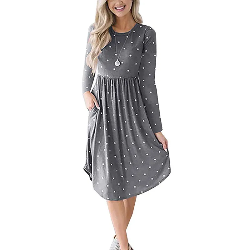 

Women's Dress Spring Long Sleeve Casual Beach Lady Dresses Vestidos Female Pockets Polka Dots Plus Size Dress Gray Yellow Orange
