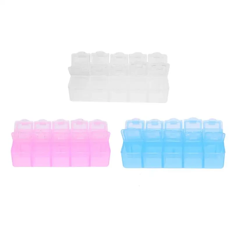 

2 Row/10 Grid Portable Plastic Square Box Holder Cover Cases For DIY Nail Art Rhinestone Tips Storage Container Case