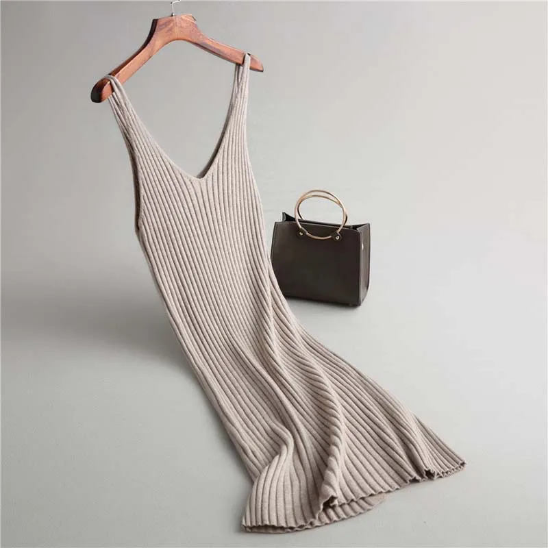 

Women Brief Double V Neck Rib Slim Waist Jersey Knitted Dress Chic Strap Slim Waist Sweater Dresses Vestidos