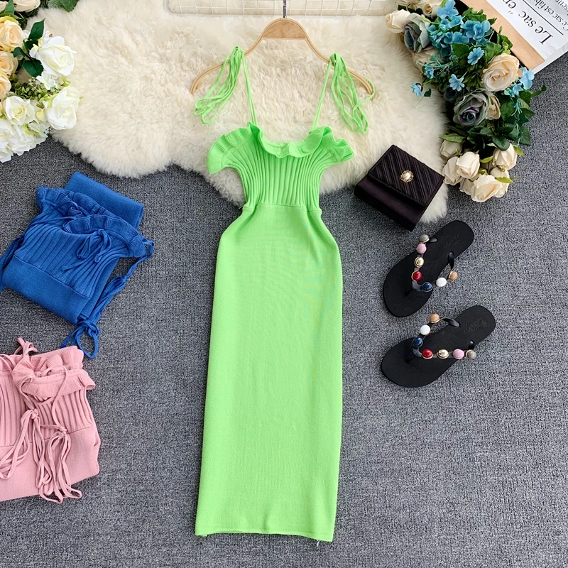 Женское трикотажное платье ALPHALMODA с оборками и высокой талией Пляжное