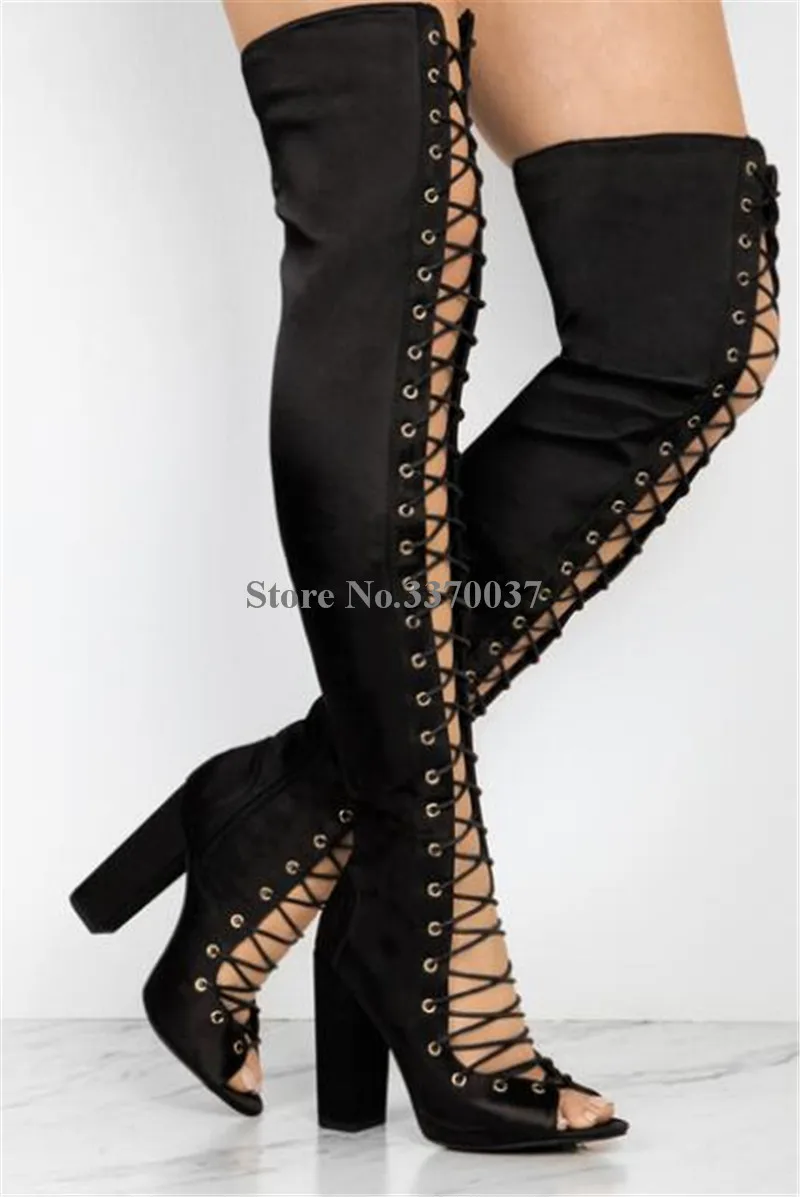 Дизайн, женские модные сапоги-гладиаторы выше колена с открытым носком, на шнуровке, на толстом каблуке сапоги с вырезами на не сужающемся книзу массивном каблуке, модельные туфли - Цвет: as picture