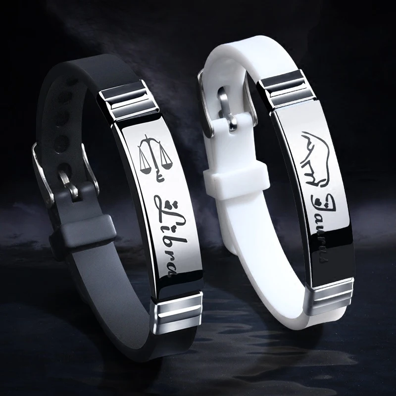 

Mibrow Fashion 12 Zodiac Sign Silicone Bracelet Men Women Stainless Steel Clasps Zodiac Bracelets Men Women Couple Jewelry