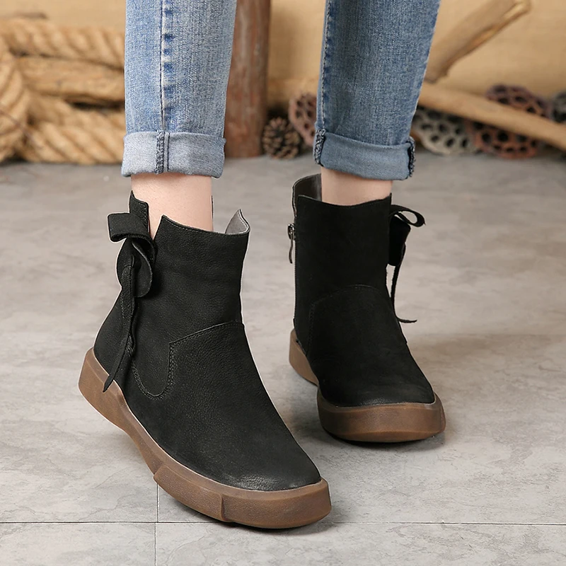 Natürliche Plüsch Handgemachte Schwarzes Kurze Winter Booties khaki Ankle Dame Schuhe Zip Stiefel Leder Flache Weibliche Frau Komfortable Kappe Runde PAt6SAqpxw