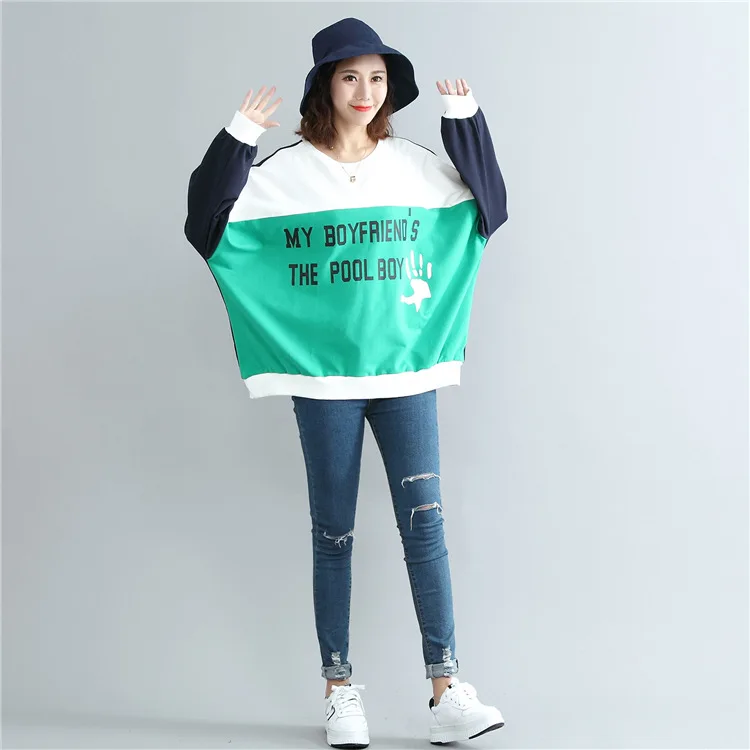 2017 Autumn&winter Women Plus Size T-shirt Korean Fashion Loose Stitching Color Letter Print Long Sleeve Tops Plus Size T-shirt