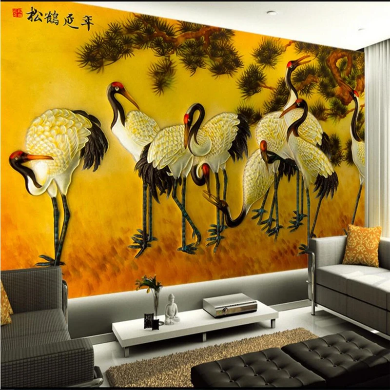 

beibehang Embossed crane crane lifelong TV backdrop custom large fresco green wallpaper papel de parede para quarto