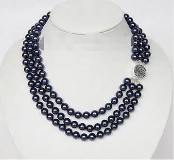 

Free Shipping>> new hot 16" 3row 8mm round navy blue sea shell pearls necklace 925 silver clasp j9583