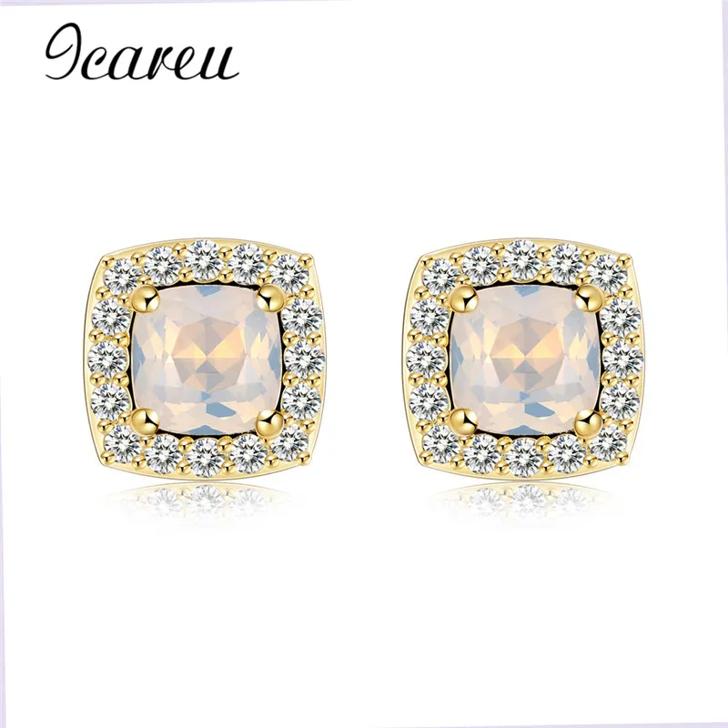 Icareu High Quality Gold Color Plated Luxury Women Square AB color Opal Stud Earring Zircon Cat