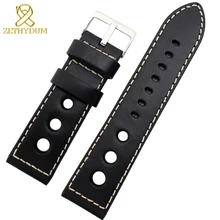 Ремешок для часов из натуральной кожи 20 22 24 мм мужской браслет толстый кожаный ремешок для часов с круглым отверстием прошитый ремешок для наручных часов с пряжкой
