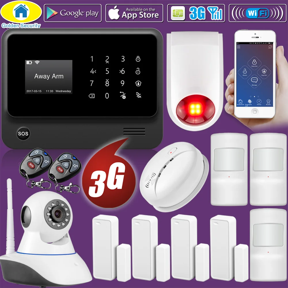Seguridad dorada DIY G90B Plus 3G GSM WIFI Control remoto inteligente casa de seguridad sistema de alarma con IP alarma