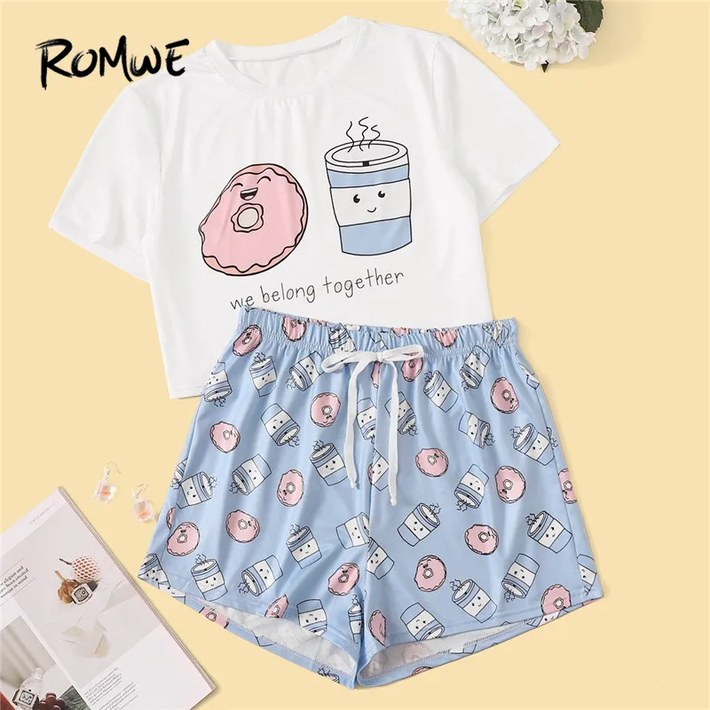 Kaufen ROMWE Frau Cartoon Und Brief Drucken Pyjama Set Süße Kurzarm T Shirts Mit Elastische Taille Shorts Sommer Nachtwäsche PJ set