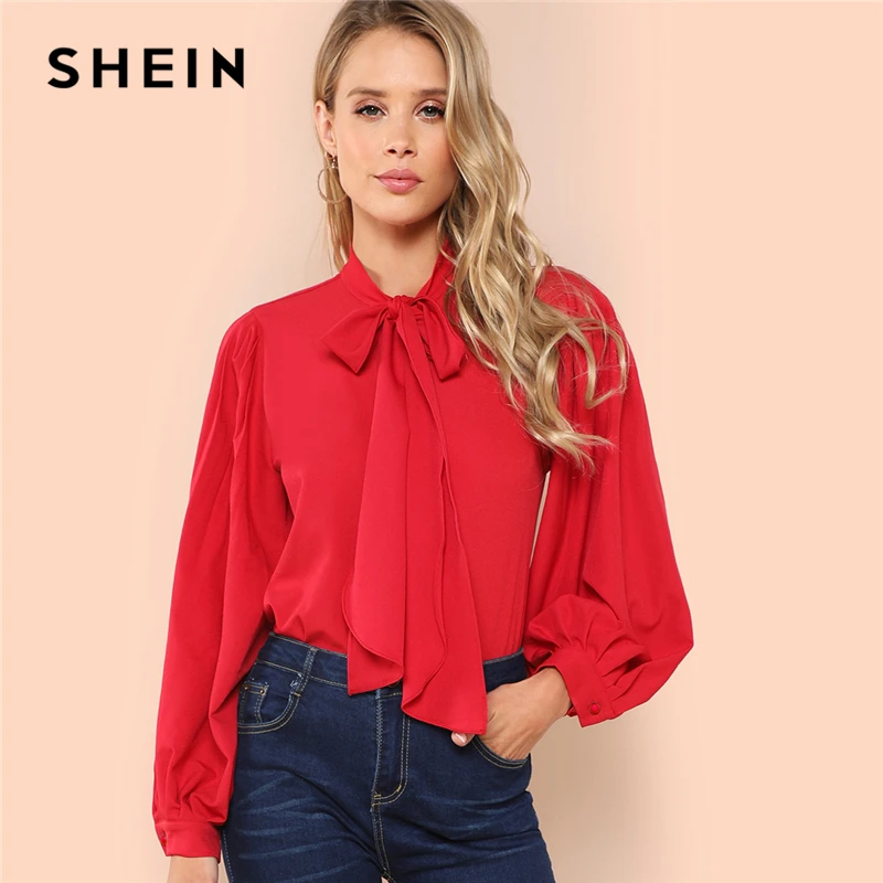 SHEIN Red Office Lady Elegant Tie Neck Pleated Button Back Stand Collar ...