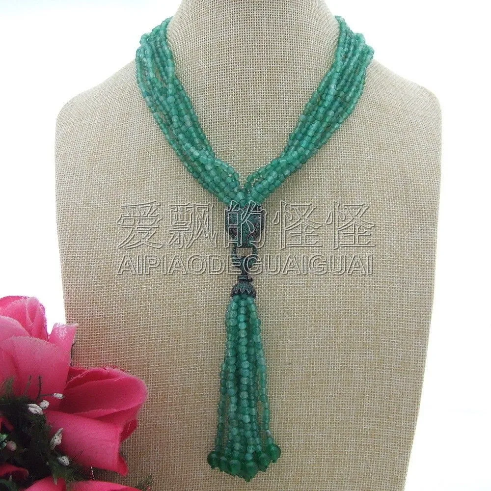 

N071006 18" 7 Strands Fringle Green Faceted Necklace CZ Pendant