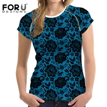 FORUDESIGNS Sexy Black Lace Print Summer T-shirts for Women Lady Navy Tee Tops Casual Short Sleeved Tshirt Crop Tops 2019 FORUDESIGNS Sexy Black Lace Print Summer T-shirts for Women Lady Navy Tee Tops Casual Short Sleeved Tshirt Crop Tops 2019