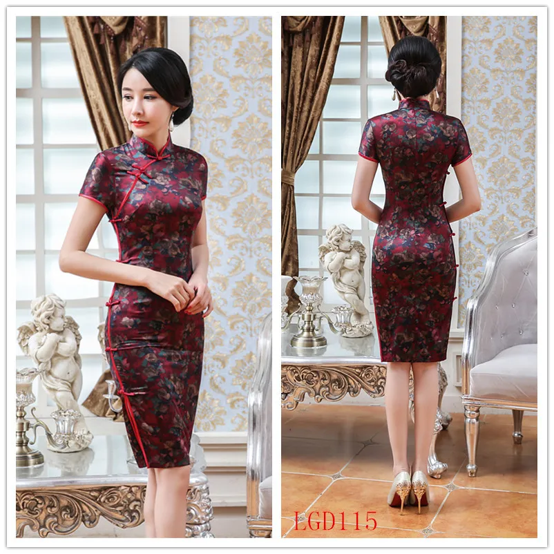 Новое поступление китайское платье Для женщин цветок короткий рукав Cheongsam шелк сатиновое платье-Ципао сексуальные мини-очаровательный китайское традиционное платье 3XL