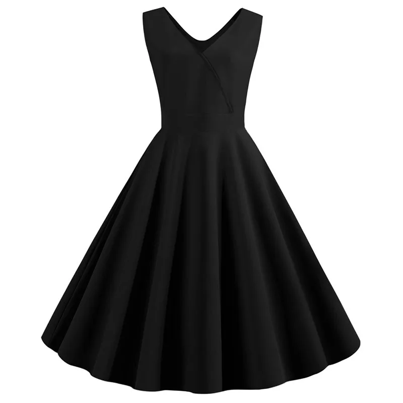 Летние женские платья повседневное черное однотонное винтажное платье 50s 60s Robe Rockabilly Swing Pinup без рукавов с v-образным вырезом элегантное вечернее платье