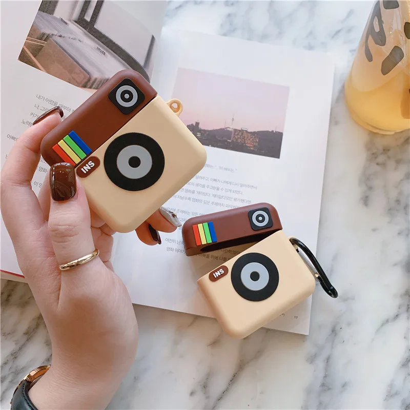 3D Милые Instagram INS корпусы гарнитурные камеры для Apple Беспроводная bluetooth-гарнитура Airpods 1 2 Силиконовый ударопрочный наушник крышка