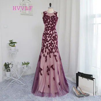 

New Wine Red Evening Dresses Mermaid Tulle Appliques Lace See Through Long Evening Gown Prom Dress Prom Gown