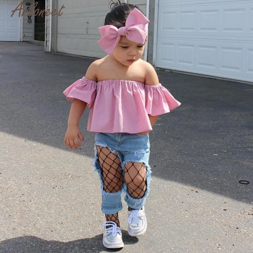2017 fashiontoddler детские для маленьких девочек Off Shoulder Ruffle футболка Топы