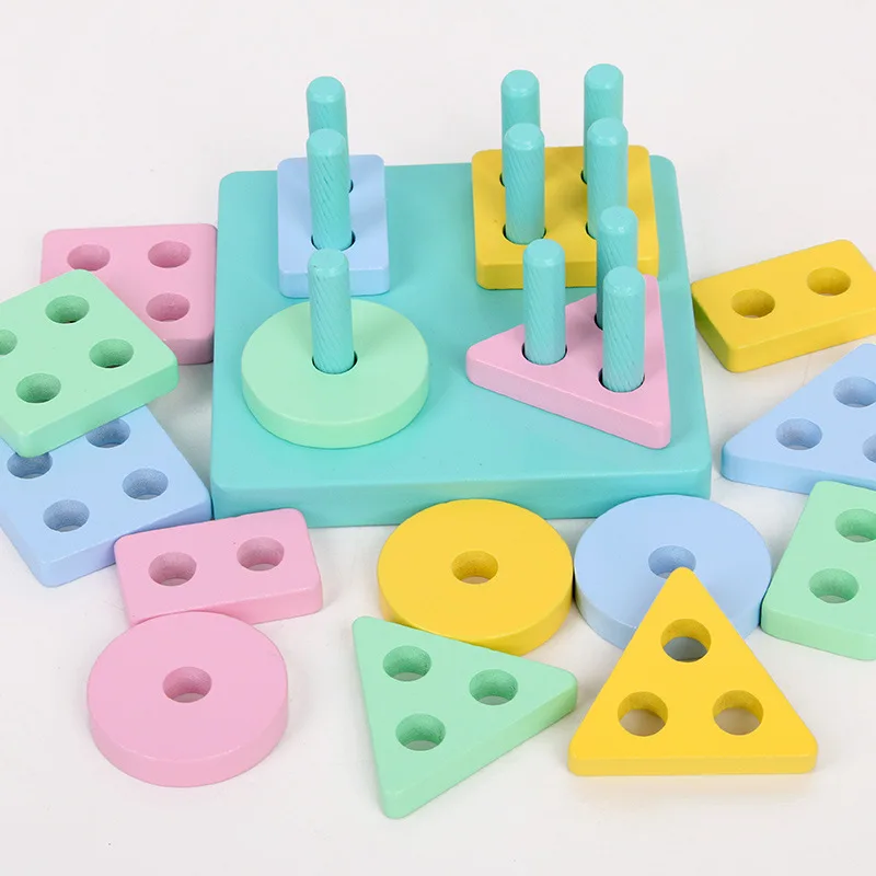 

Wooden four-column shape paired column blocks children's educational toys cognitive color and shape