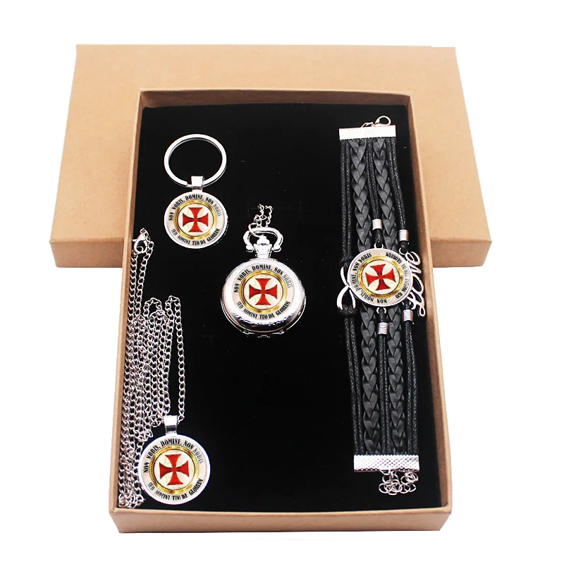 Классический Серебряный Рыцарь крест тамплиеров ювелирный подарочный набор есть карманные часы и кулон ожерелье и брелок браслет с подарочной коробкой