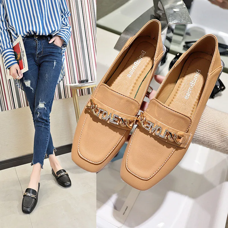 Metal chain decoration flat shoes woman square toe slip on  chains mules designer black leather flats women creepers