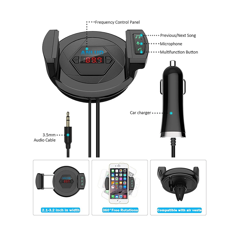 Bluetooth FM Transmitter Wireless Radio Adapter Car Kit Car Charger Hands Free Phone Holder AUX Input For iPhone Android MP3 Bluetooth FM Transmitter Wireless Radio Adapter Car Kit Car Charger Hands Free Phone Holder AUX Input For iPhone Android MP3