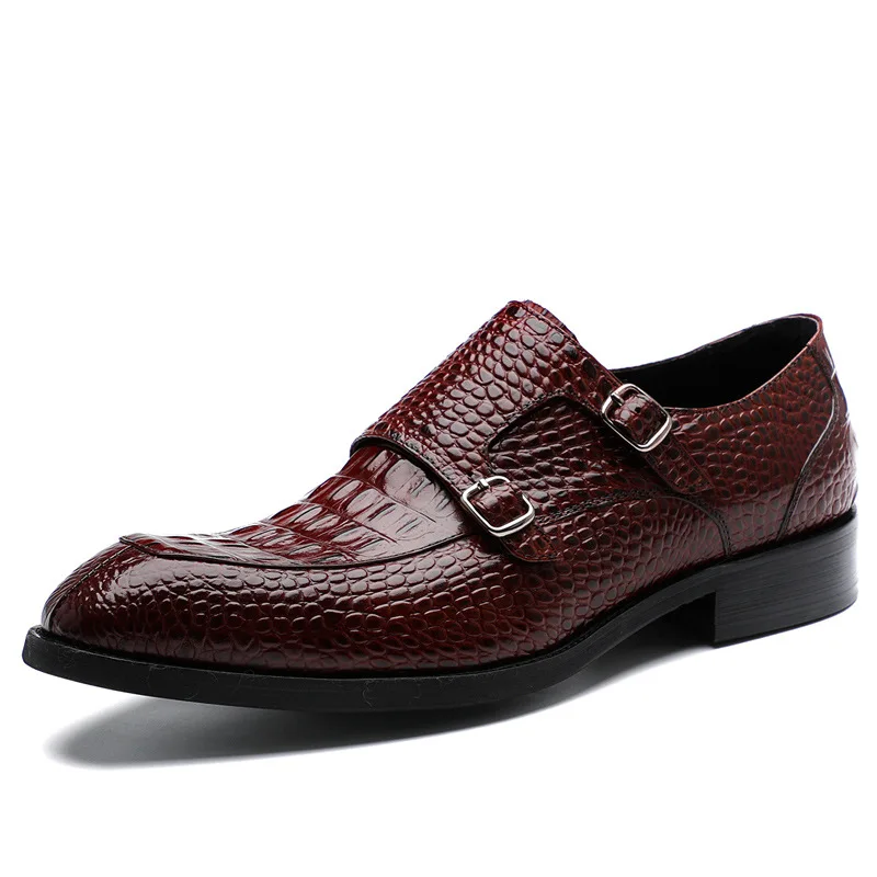 QYFCIOUFU/ г.; модная обувь на ремешке в стиле монах; официальная обувь высокого качества для свадьбы и офиса; Мужские модельные туфли из натуральной коровьей кожи; обувь из крокодиловой кожи - Цвет: Бордовый