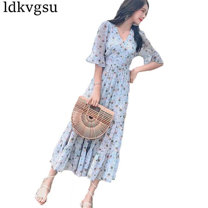 

2018 Summer casual Floral Print Long Boho Dresses Women Sexy V collar Bodycon Party Dress Girls Beach Holiday Vestidos A655