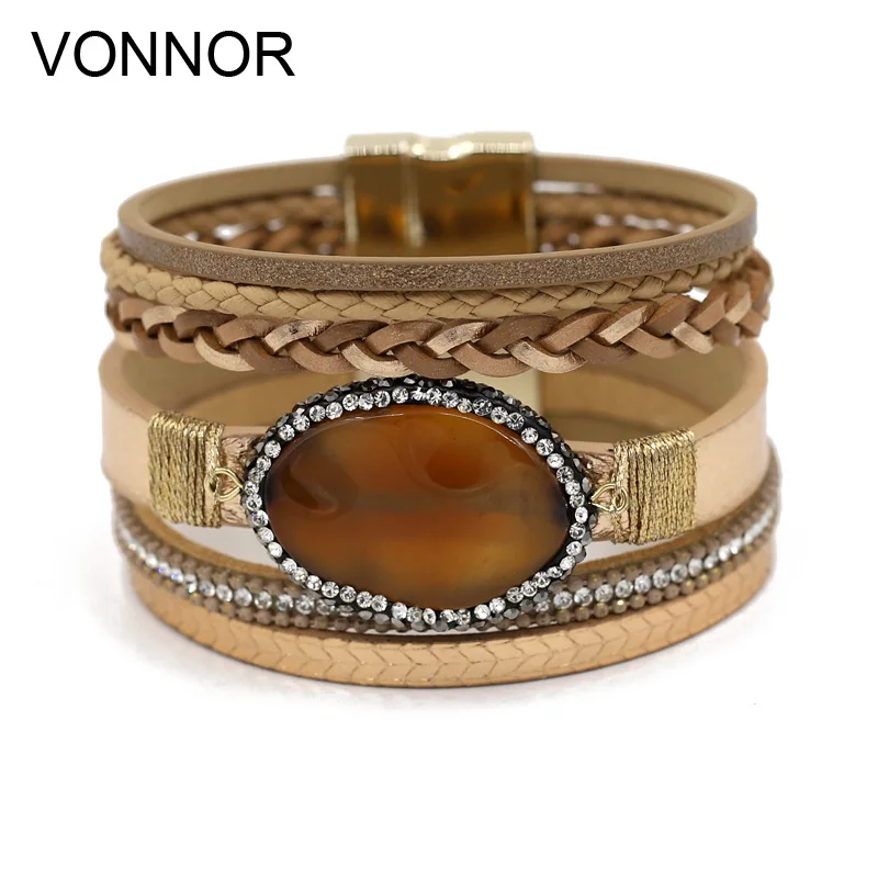 

VONNOR Dropshipping Women Jewelry High quality Leather Bracelets Bangles Large Natural Stone Bracelet Femme