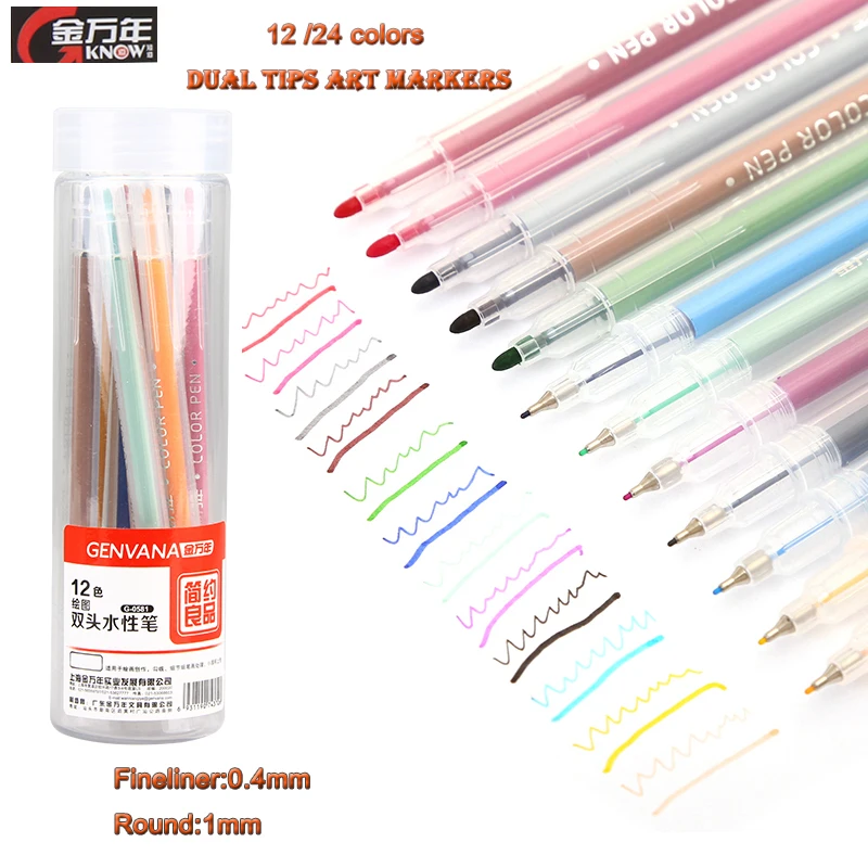 

Genvana/Know 12/24 Color Premium Dual Tip Art Marker 0.4mm 1mm Twin Watercolor Pen Fibre Tip For Sketch Drawing Journaling