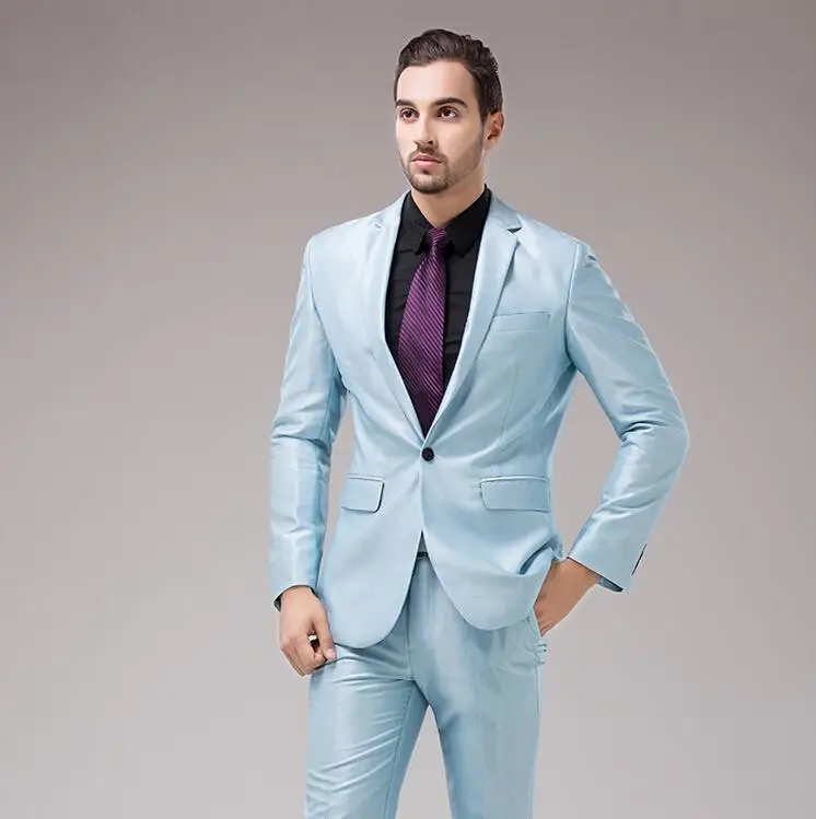 Latest Coat Pant Designs Blue Satin Men Suit Slim Fit 2 Piece Tuxedo ...