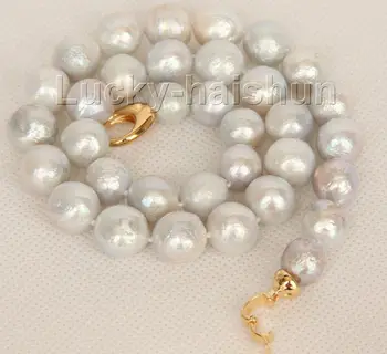 

FREE shipping> >>>17" 12mm near round white Reborn keshi pearls necklace filled gold j9805