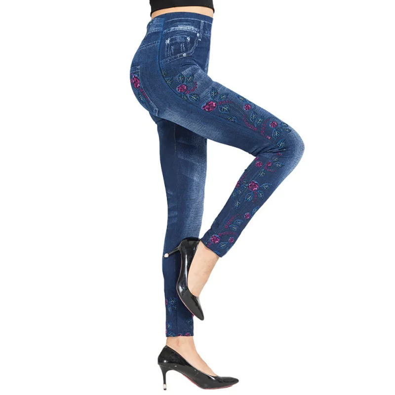 Модные женские сексуальные цветочные джеггинсы с высокой талией, Стрейчевые джинсовые леггинсы с принтом и карманом