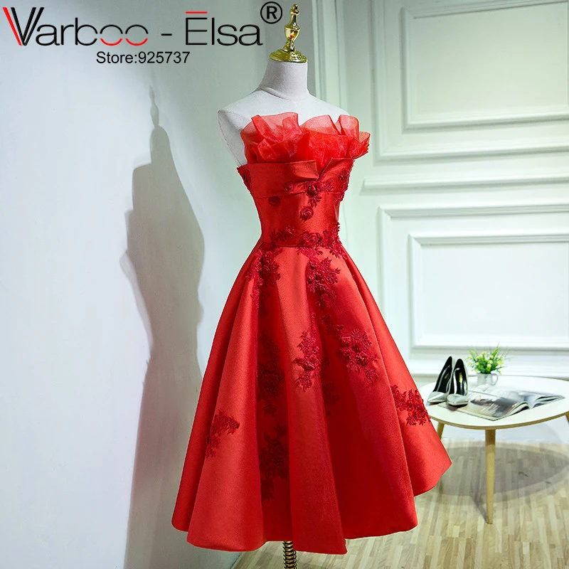 

2018 Cheap evening dresses a line sleeveless strapless embroidery red prom dress with lace-up back short prom dresses