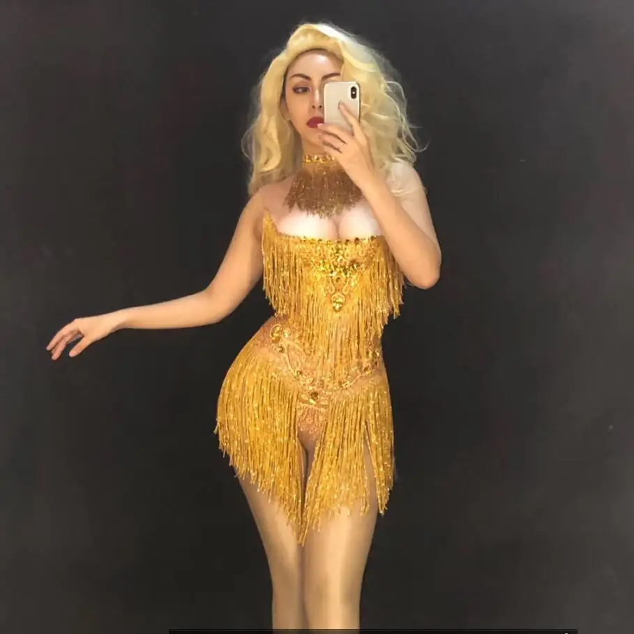 

Women Nightclub Party Stretch Rhinestones Tassel Bodysuit Sexy Dance Fringes Leotard Performance Sexy Costume YOUDU