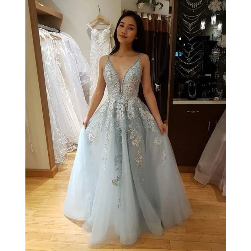 

Deep V Neck Prom Dresses 2019 Spaghetti Straps A Line Lace Applique Light Sky Blue Evening Dresses Vestido De Fiesta